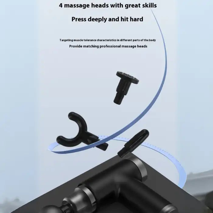 Portable massage gun with four massage heads floating above, highlighting precision-targeting features.