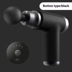 Portable massage gun with black button control and 4-speed LED indicator for deep tissue relief.