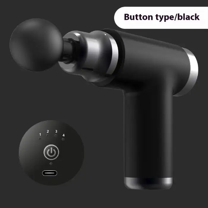 Portable massage gun with black button control and 4-speed LED indicator for deep tissue relief.