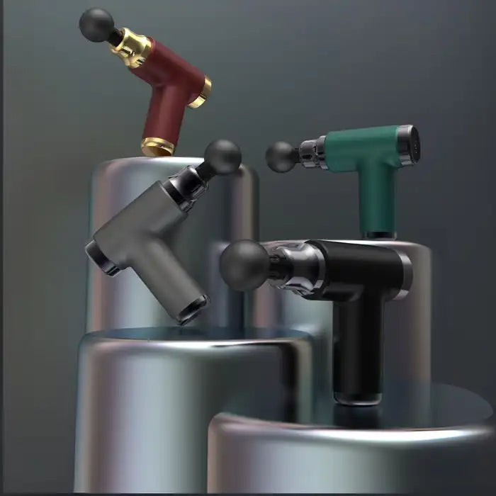 Portable massage gun set in black, gray, red, and green on metallic stands with modern design style.