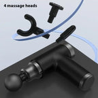 Portable massage gun in black with 4 detachable massage heads for versatile muscle therapy.