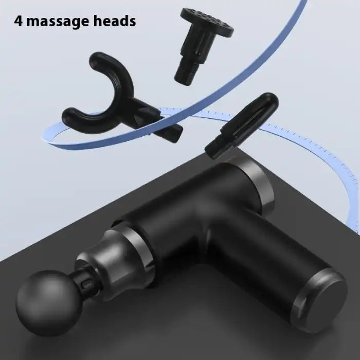 Portable massage gun in black with 4 detachable massage heads for versatile muscle therapy.