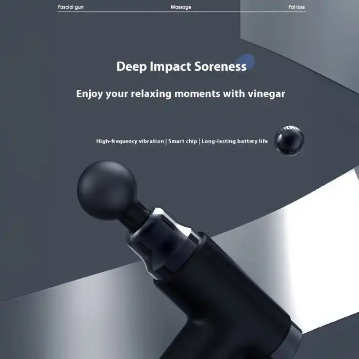 Portable massage gun on sleek background with bold text highlighting deep impact pain relief.
