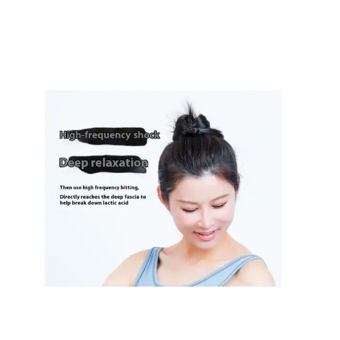 Woman using portable massage gun for deep muscle relaxation after workout or fitness session.