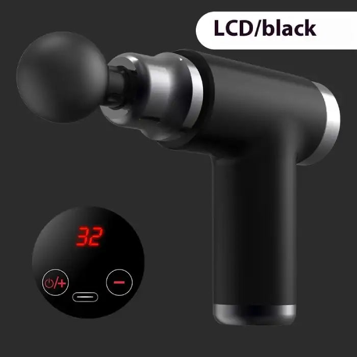 Portable massage gun with red LCD digital display and touch controls for adjustable intensity levels.
