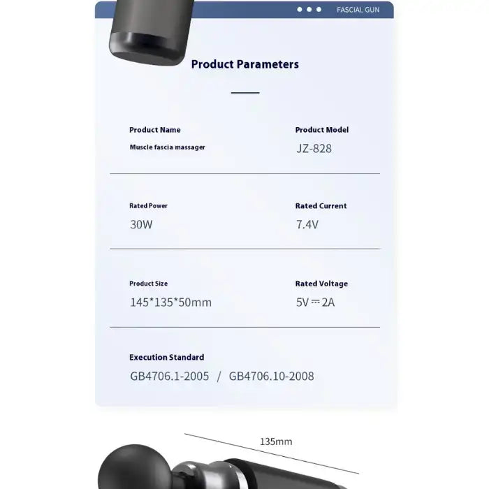 Portable massage gun product model JZ-828 with voltage, size, current, and execution standards