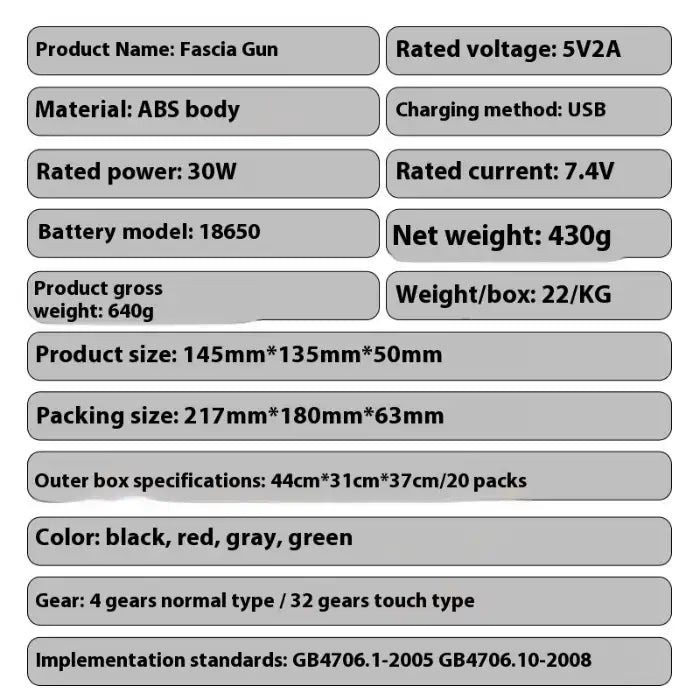 Portable massage gun technical specs including power, weight, gear options, and product dimensions