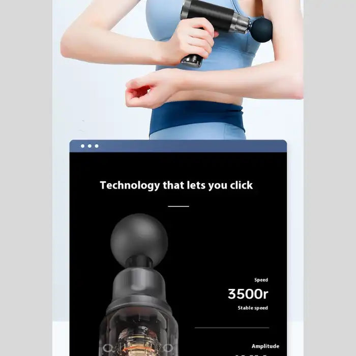 Portable massage gun used on upper arm by woman wearing blue sportswear for muscle relief