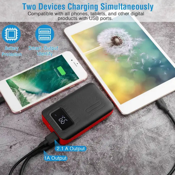 Power Bank with dual USB output charging both a phone and a tablet simultaneously on a textured surface.