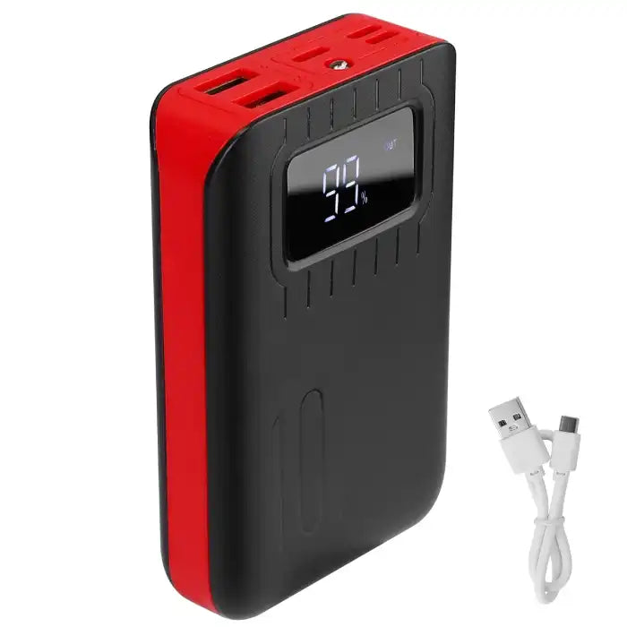 Power Bank with compact design and USB ports, includes micro USB cable and digital display screen.