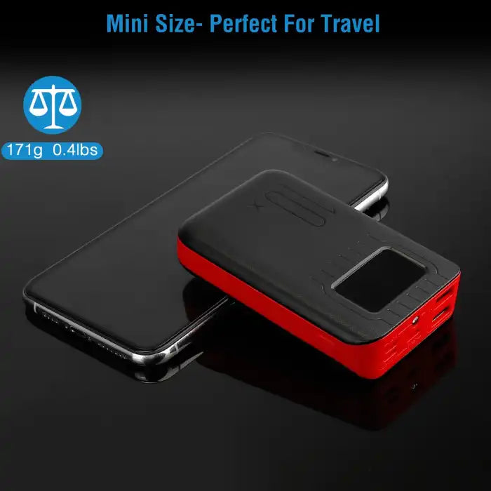 Power Bank shown next to smartphone to display its mini, travel-friendly size and lightweight body.