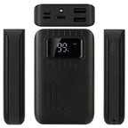 Power Bank shown from front, top, and side angles with LED display and multiple charging ports visible.