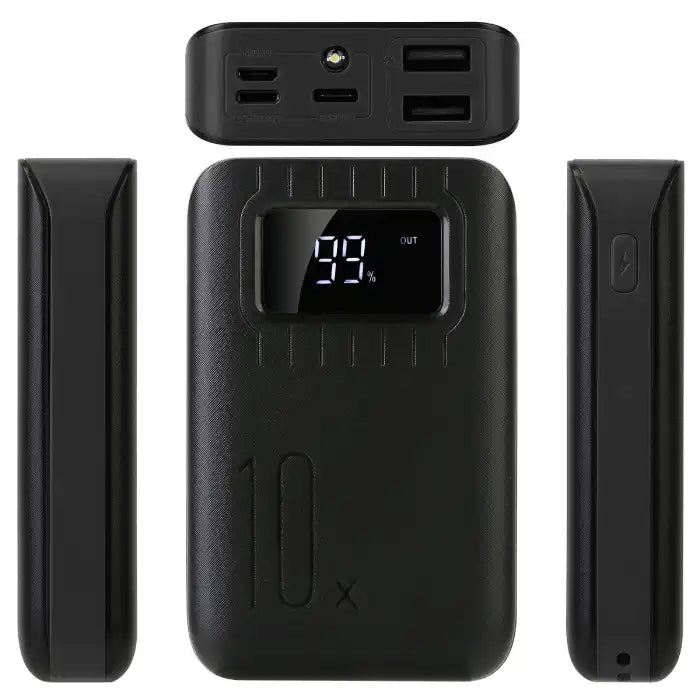 Power Bank shown from front, top, and side angles with LED display and multiple charging ports visible.
