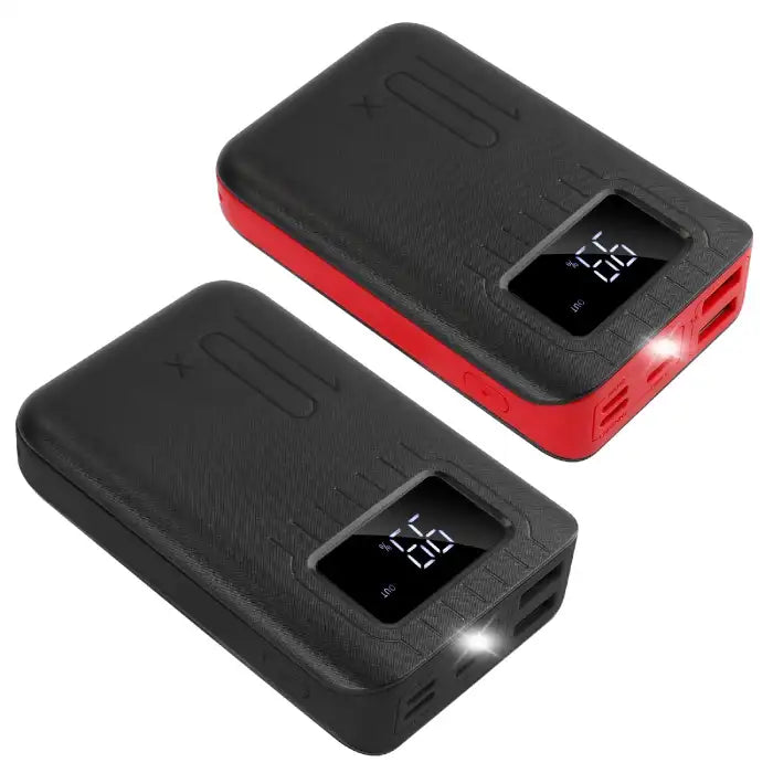 Power Bank in red and black variants shown with LED light and digital charge level indicator.