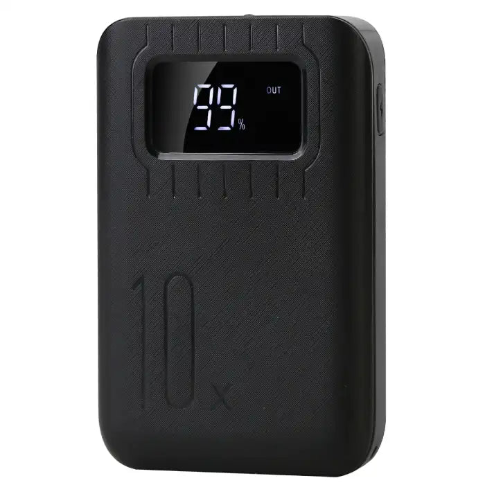 Power Bank in solid black with LED screen displaying battery percentage and side power button.