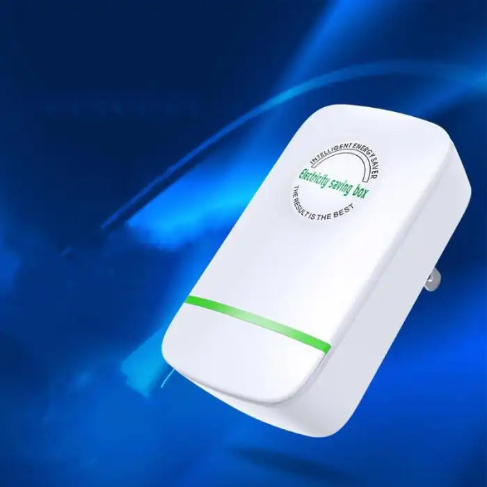 Power Saver Module angled view with glowing green light on electric blue background.