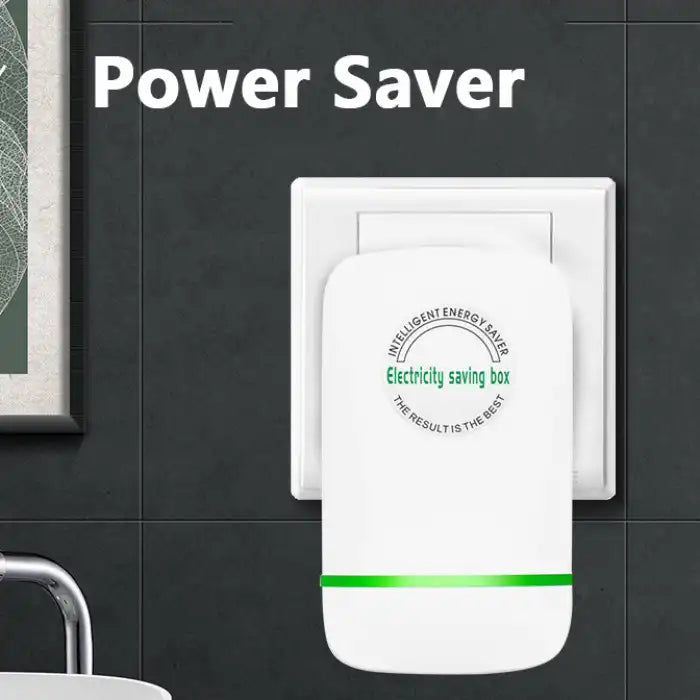 Power Saver Module plugged into wall outlet for energy saving in modern home interior.