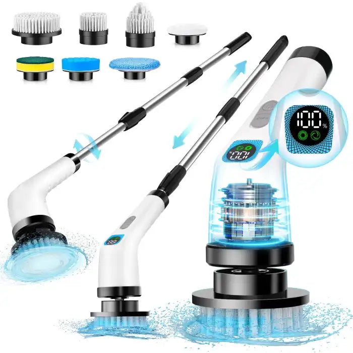 Power Scrubber with multiple brush heads and LED display for versatile cleaning tasks
