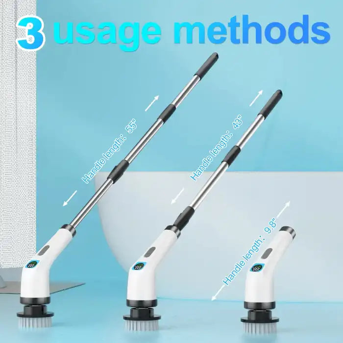 Power Scrubber with adjustable handle lengths of 55", 43", and 9.8" for flexible use