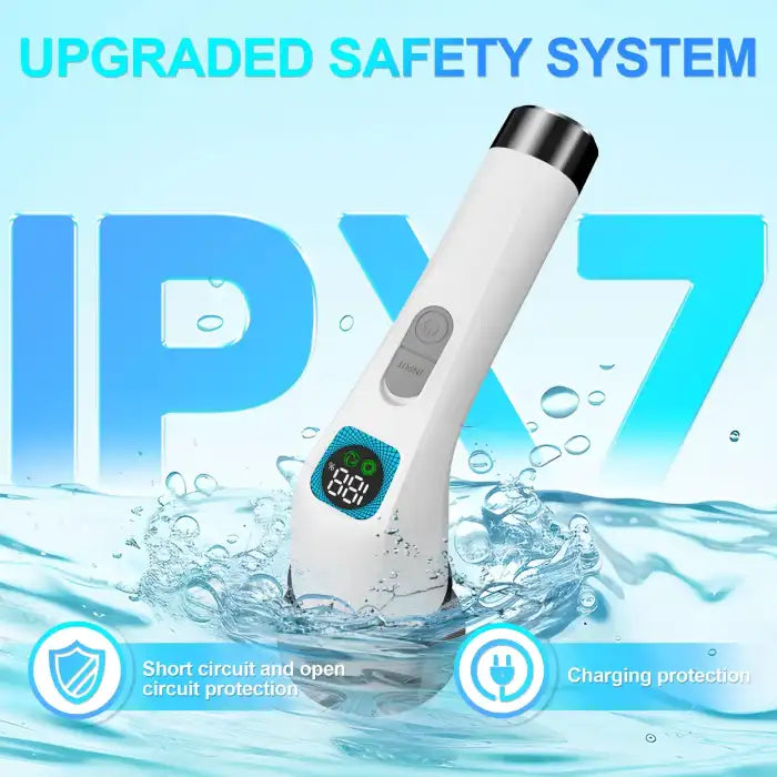Power Scrubber features IPX7 waterproof safety system with charging and short circuit protection