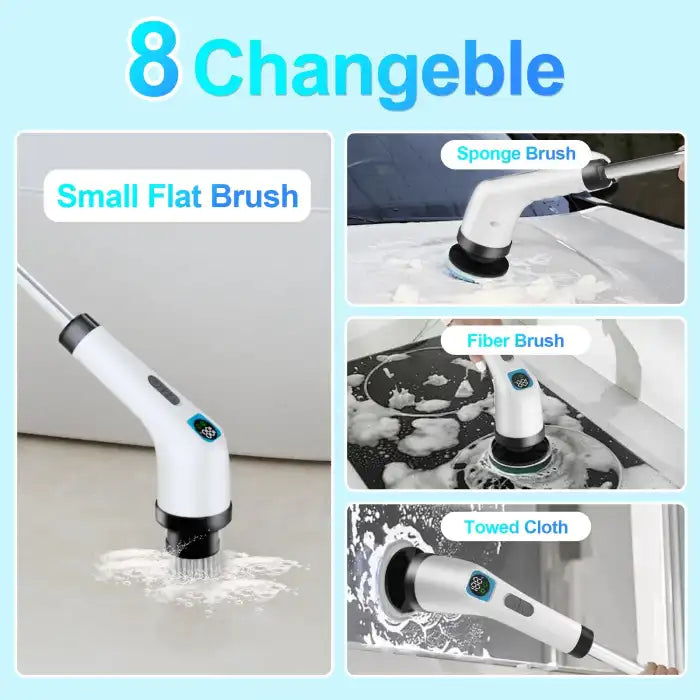 Power Scrubber shown with 8 interchangeable brush heads for diverse surface cleaning