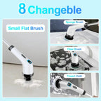Power Scrubber shown with 8 interchangeable brush heads for diverse surface cleaning