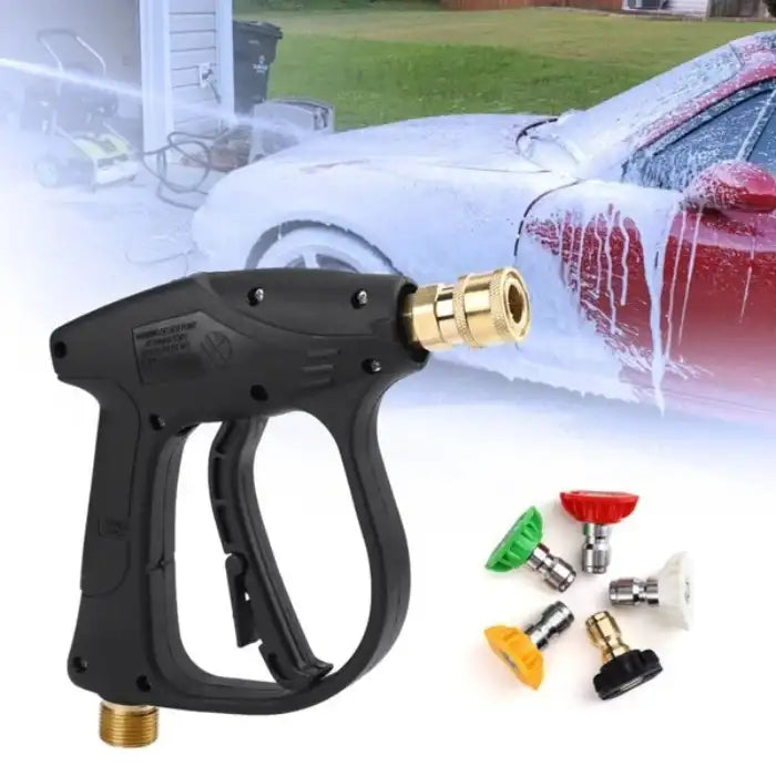 Pressure washer foam gun with brass connector and five colored spray nozzles for car cleaning