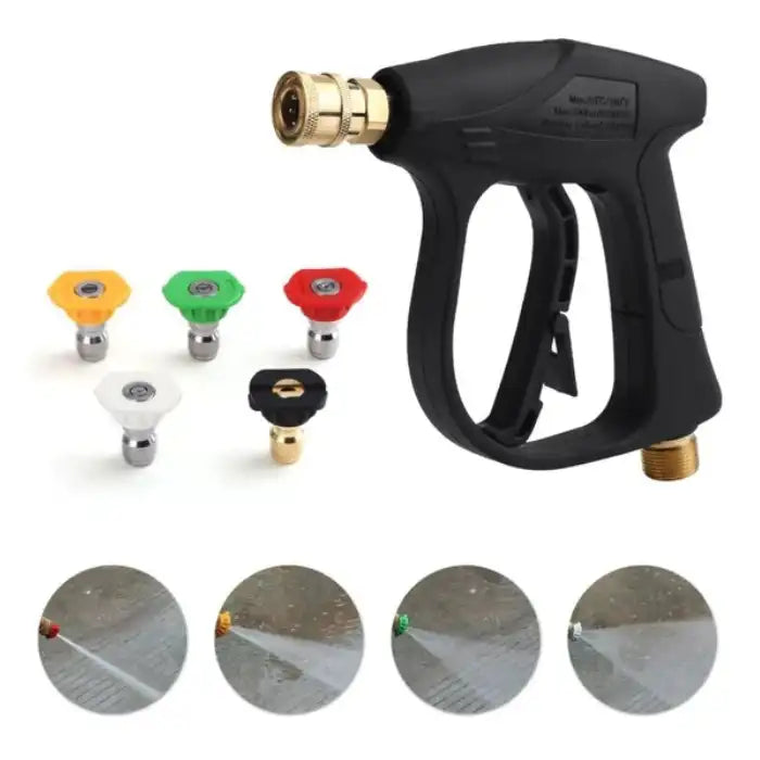 Pressure washer gun with five detachable nozzle tips and demo spray patterns for different surfaces