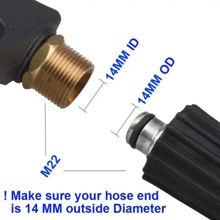 Pressure washer M22 male connector with 14mm ID and OD brass fitting shown next to hose tip