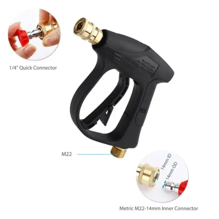 Pressure washer spray gun showing M22 and 1/4" quick-connect fittings with close-up of brass components
