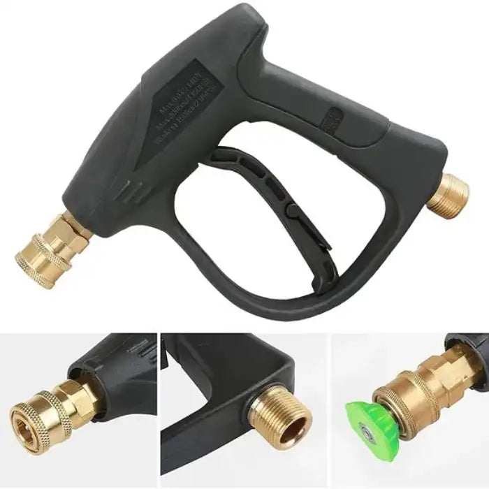 Pressure washer trigger gun with multiple views of brass inlet and quick-connect spray tip attachment