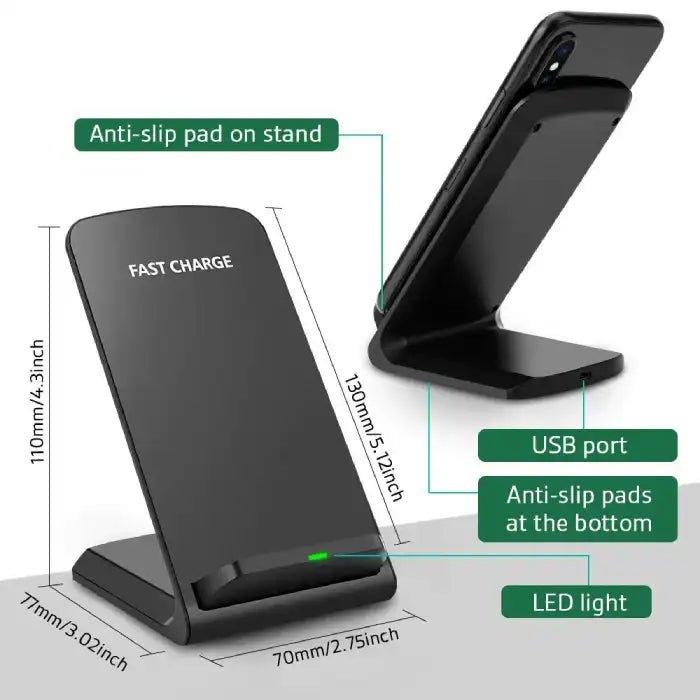 Qi wireless charger with LED light, USB port, and anti-slip pads for safe upright charging