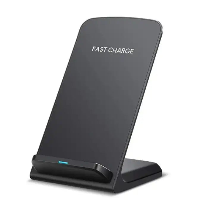 Qi wireless charger in minimal upright design with LED indicator and fast charge feature