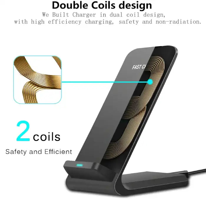Qi wireless charger features dual coils for efficient non-radiation charging with high safety