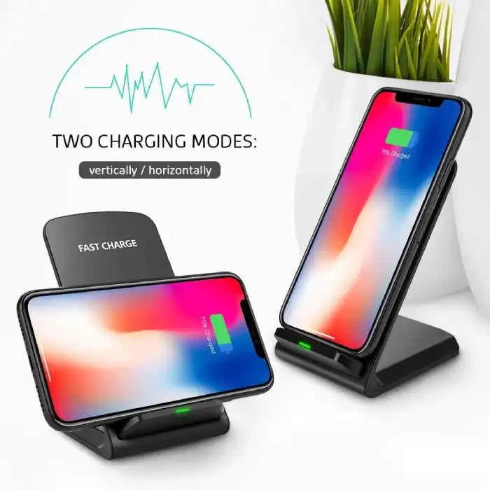 Qi wireless charger supports vertical and horizontal phone charging orientations