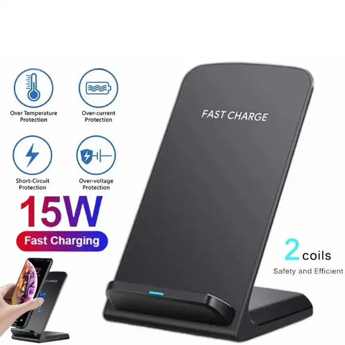Qi wireless charger with fast 15W charging and dual-coil safety features for phones