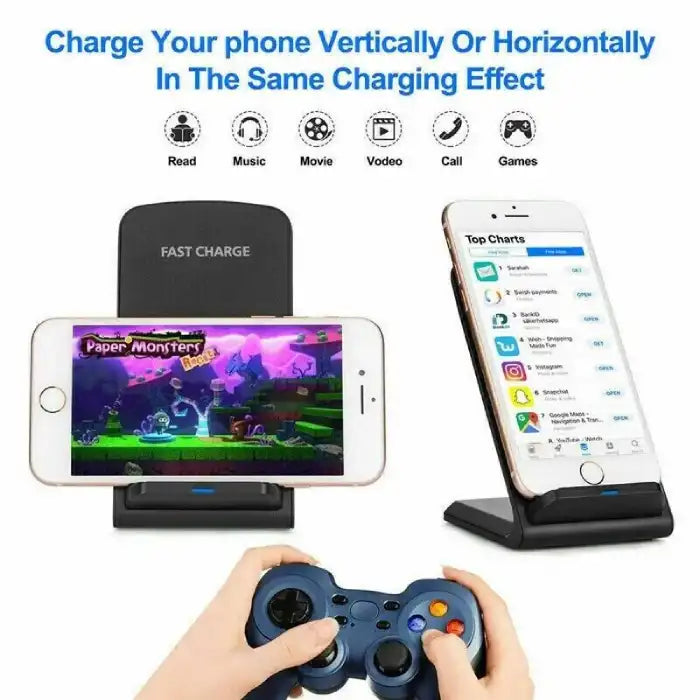 Qi wireless charger supports horizontal or vertical charging for games, calls, and media