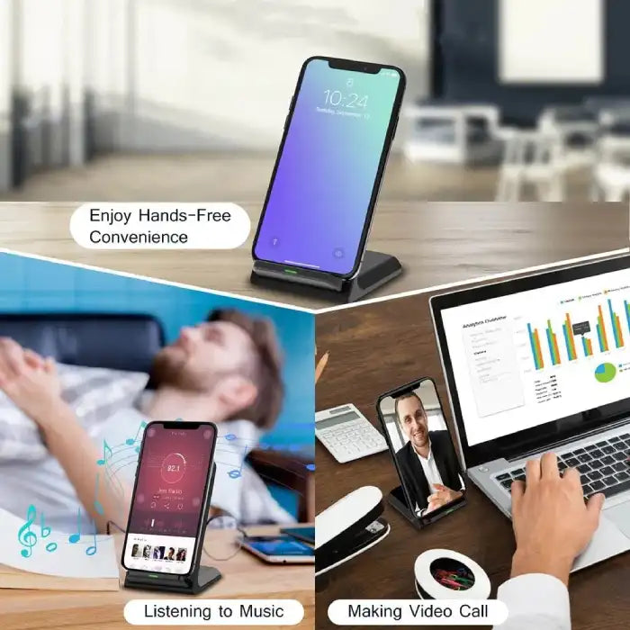 Qi wireless charger used for video calls, music, and hands-free phone usage