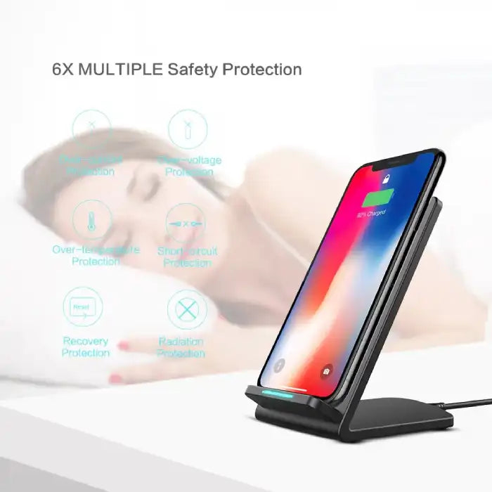 Qi wireless charger with 6 safety protections used on bedside table while phone charges