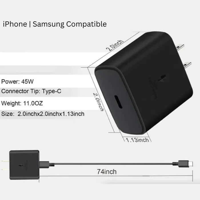 Rapid charging 45W USB-C charger with dimensions, cable length, and compatibility listed on white background.