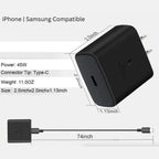 Rapid charging 45W USB-C charger with dimensions, cable length, and compatibility listed on white background.