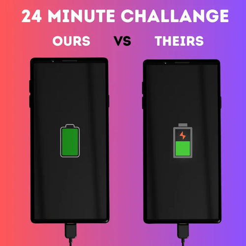 Rapid charging comparison showing full battery on left and slower charge on right after 24 minutes.