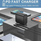 Rapid charging block with USB-C cable beside multiple devices including tablets and smartphones.