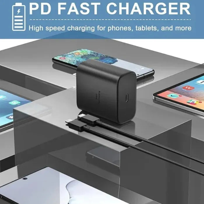 Rapid charging block with USB-C cable beside multiple devices including tablets and smartphones.