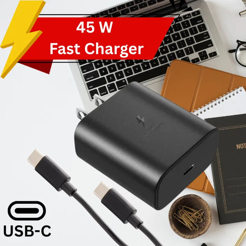 Rapid charging USB-C adapter with 45W output shown near laptop and notebooks on white desk.