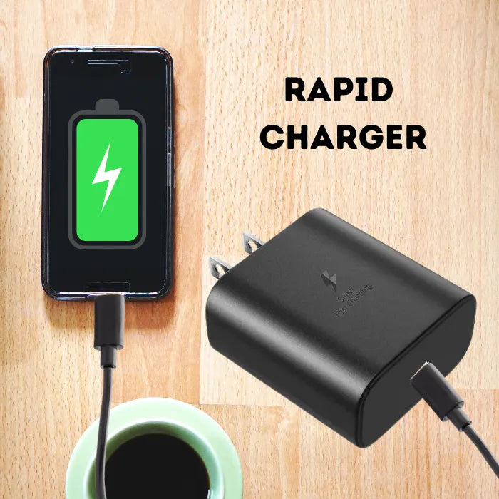 Rapid charging wall plug powering phone on wooden desk beside coffee cup.
