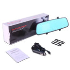 Rearview Mirror Recorder with retail box, charger, clips, and manual included in full accessory set.