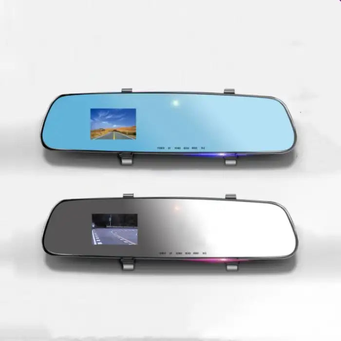 Rearview Mirror Recorder with dual screen display for front and rear road visibility and driving safety.