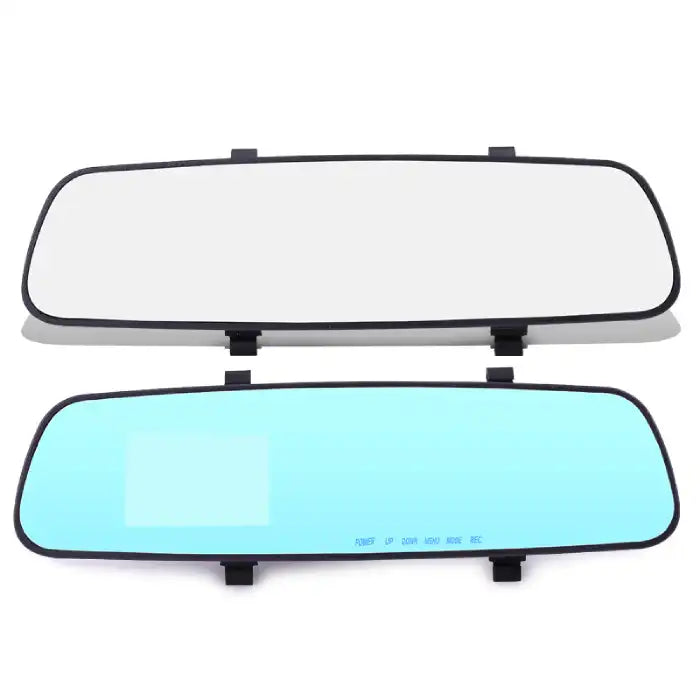 Rearview Mirror Recorder showing both front and back views with light blue anti-glare screen.