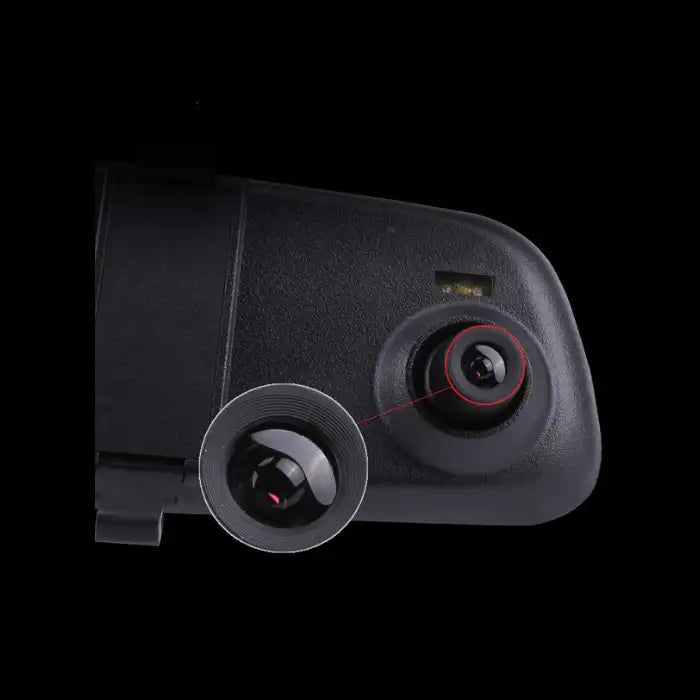 Rearview Mirror Recorder closeup showing detailed camera lens and built-in LED lighting on back unit.